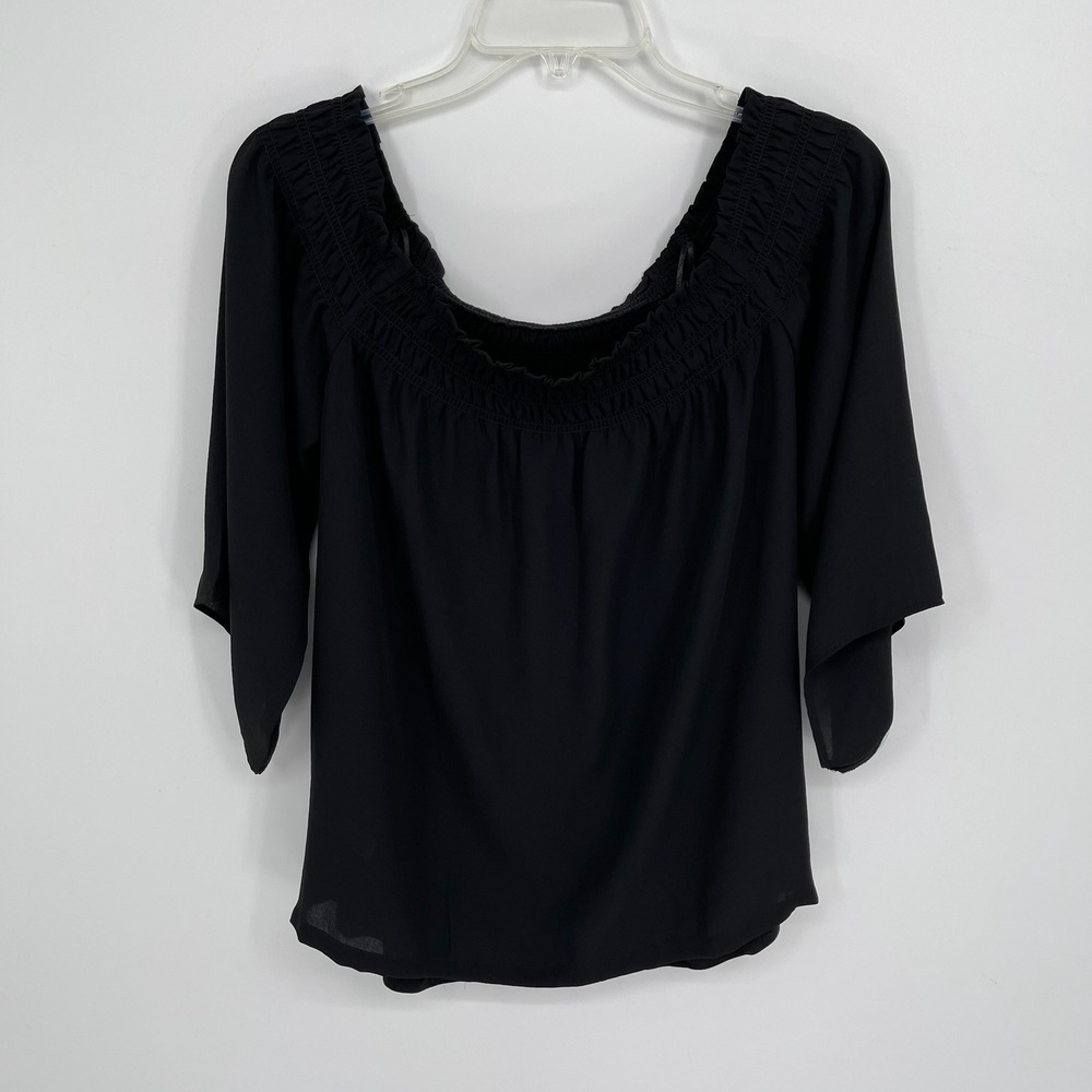 LOFT NWT Women's Black Smocked Off the Shoulder 3/4 Sleeve Boho Blouse Size XS